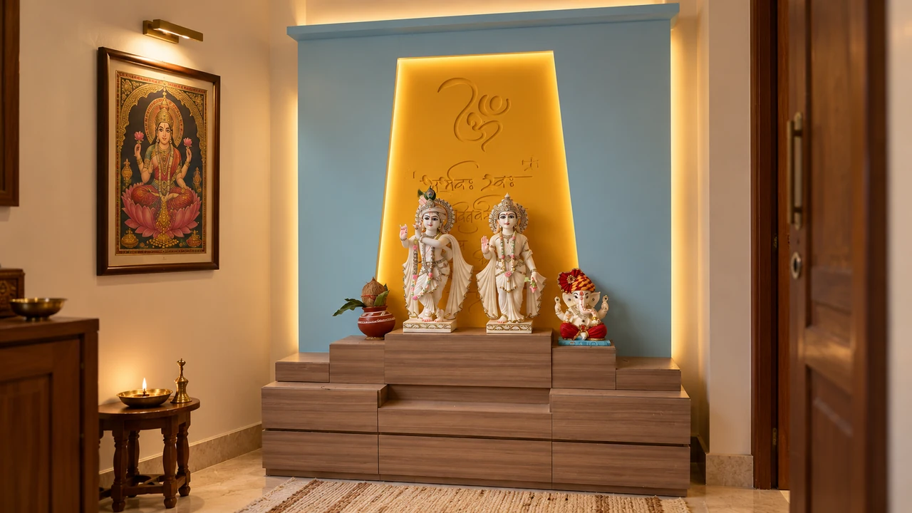 AI interior concept based on Ruchit Residence’s mandir alcove, reimagined as an indoor pooja room with warm lighting and framed Goddess Lakshmi artwork
