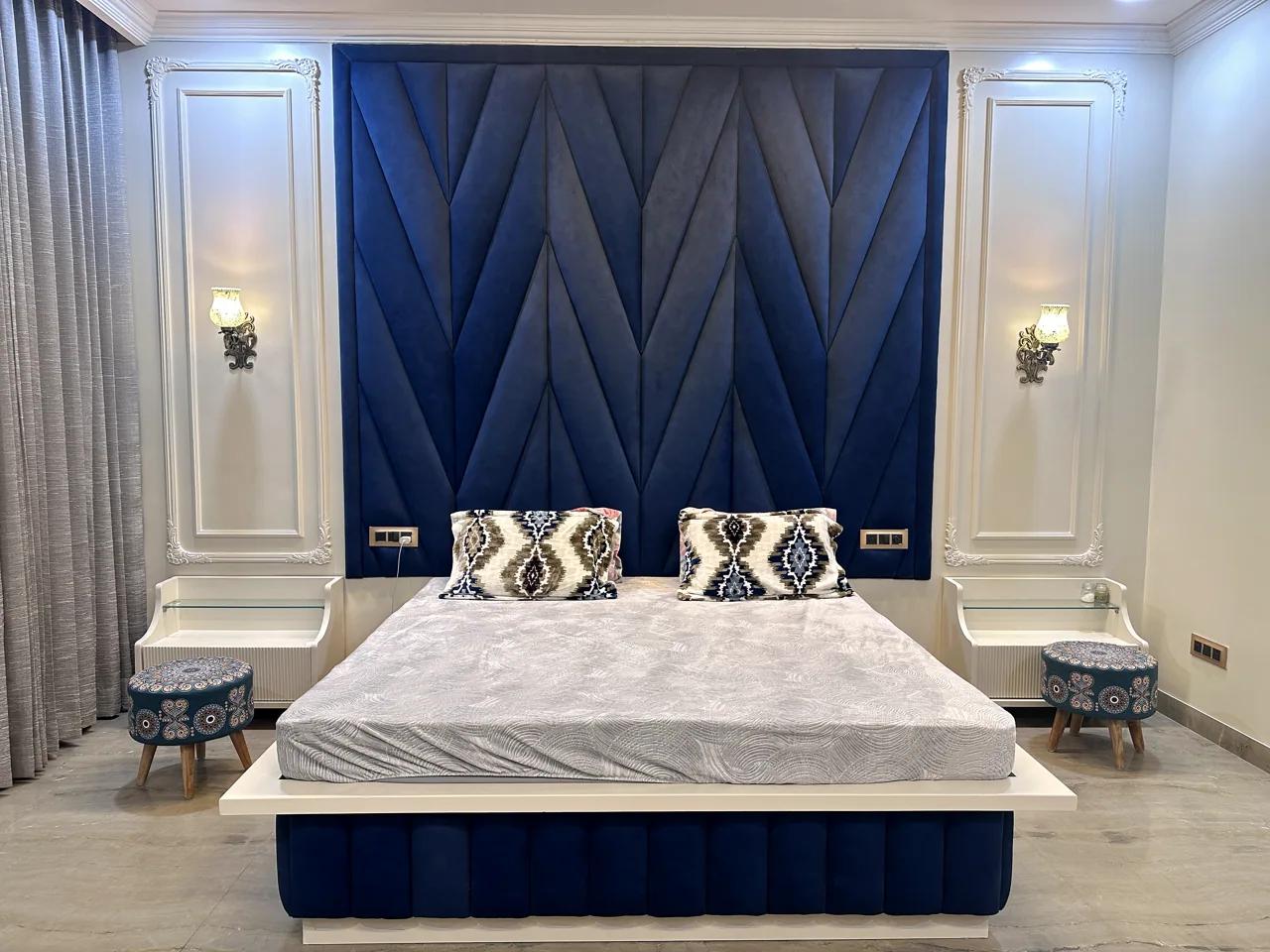 Second wide view of the blue bedroom interior