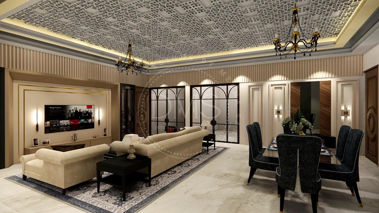 Formal living room with layered lighting and a sculpted ceiling